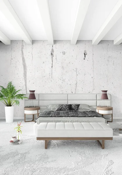 Beyaz yatak odası en az stil iç tasarım ahşap duvar ve gri Kanepeli. 3D render.