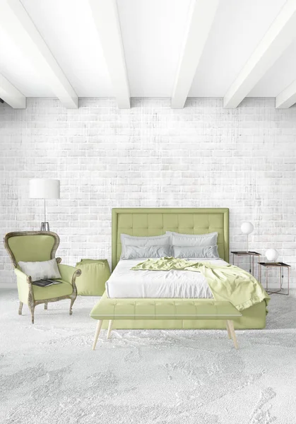 Beyaz yatak odası en az stil iç tasarım ahşap duvar ve gri Kanepeli. 3D render.