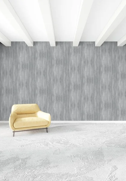 Modern yatak odası sarı kanepe lüks en az tarzı iç çatı tasarımı ile eklektik duvar. 3D render.