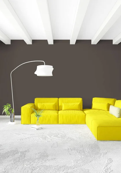Sofá moderno dormitorio amarillo de lujo de estilo minimalista Diseño de loft interior con pared ecléctica. Renderizado 3D . — Foto de Stock
