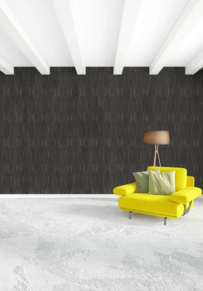 Modern yatak odası sarı kanepe lüks en az tarzı iç çatı tasarımı ile eklektik duvar. 3D render.