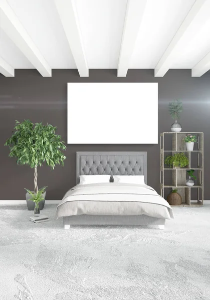 Beyaz yatak odası en az stil iç tasarım ahşap duvar ve gri Kanepeli. 3D render.