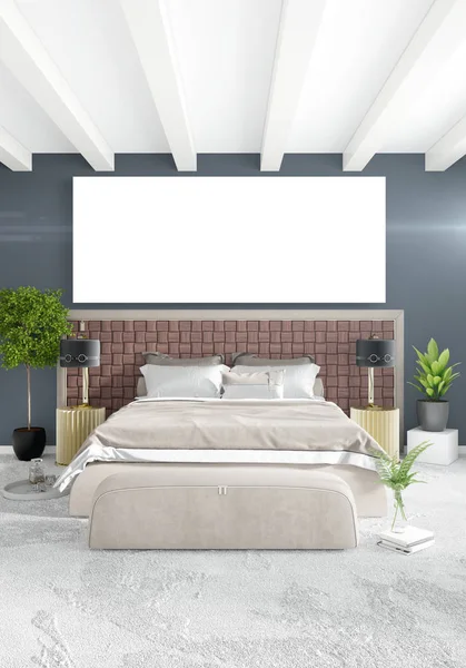 Beyaz yatak odası en az stil iç tasarım ahşap duvar ve gri Kanepeli. 3D render.