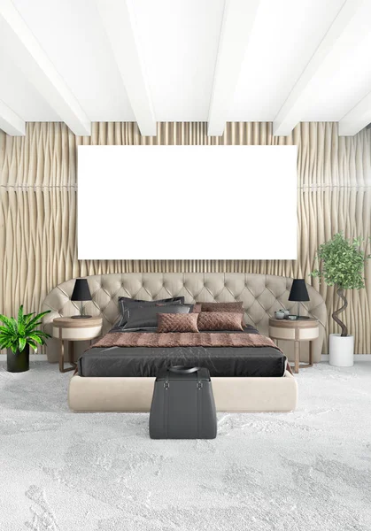 Beyaz yatak odası en az stil iç tasarım ahşap duvar ve gri Kanepeli. 3D render.
