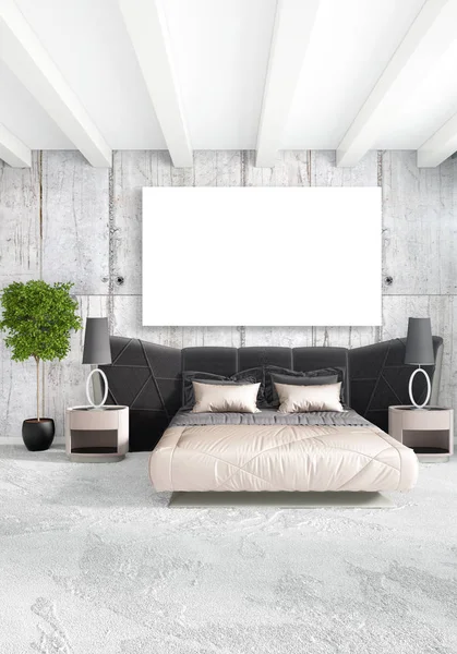 Beyaz yatak odası en az stil iç tasarım ahşap duvar ve gri Kanepeli. 3D render.