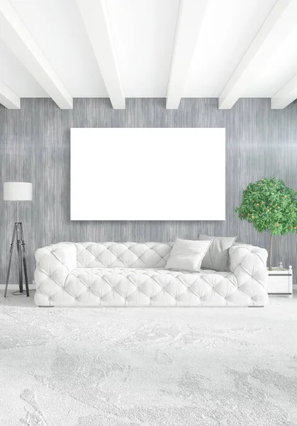 Beyaz yatak odası en az stil iç tasarım ahşap duvar ve gri Kanepeli. 3D render.