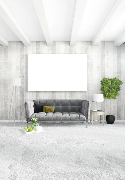 Beyaz yatak odası en az stil iç tasarım ahşap duvar ve gri Kanepeli. 3D render.