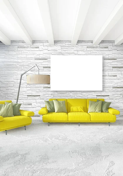 Beyaz yatak odası en az stil iç tasarım ahşap duvar ve gri Kanepeli. 3D render.