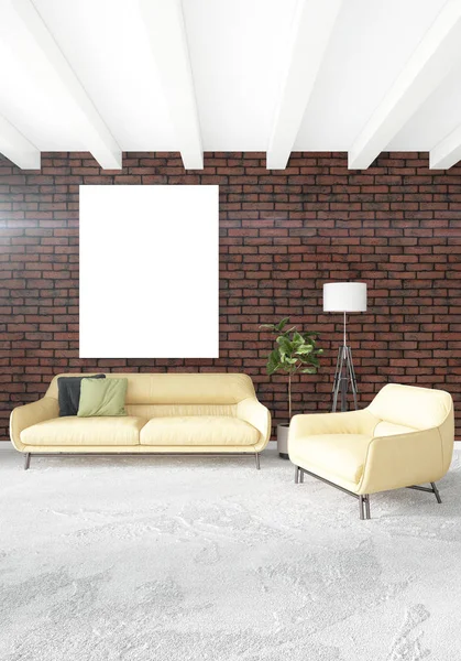 Beyaz yatak odası en az stil iç tasarım ahşap duvar ve gri Kanepeli. 3D render.