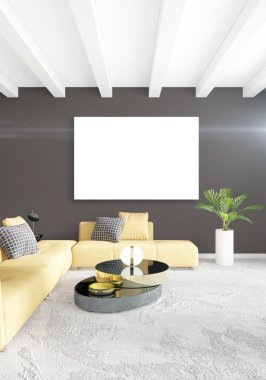 Beyaz yatak odası en az stil iç tasarım ahşap duvar ve gri Kanepeli. 3D render.