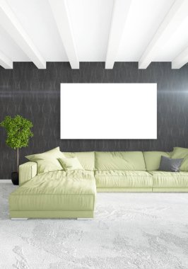 Beyaz yatak odası en az stil iç tasarım ahşap duvar ve gri Kanepeli. 3D render.