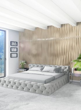 Beyaz yatak odası en az stil iç tasarım ahşap duvar ve gri Kanepeli. 3D render.