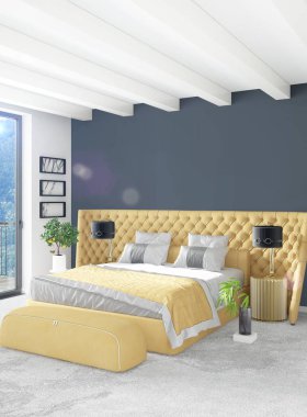 Beyaz yatak odası en az stil iç tasarım ahşap duvar ve gri Kanepeli. 3D render.
