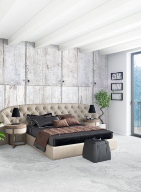 Beyaz yatak odası en az stil iç tasarım ahşap duvar ve gri Kanepeli. 3D render.