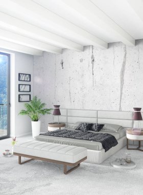 Beyaz yatak odası en az stil iç tasarım ahşap duvar ve gri Kanepeli. 3D render.