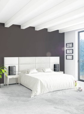Beyaz yatak odası en az stil iç tasarım ahşap duvar ve gri Kanepeli. 3D render.