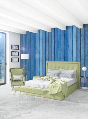 Beyaz yatak odası en az stil iç tasarım ahşap duvar ve gri Kanepeli. 3D render.