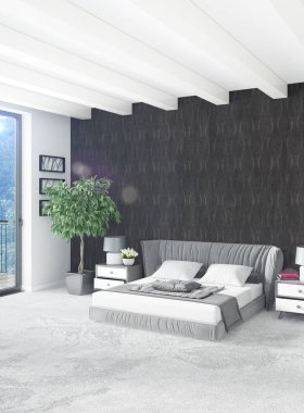 Beyaz yatak odası en az stil iç tasarım ahşap duvar ve gri Kanepeli. 3D render.