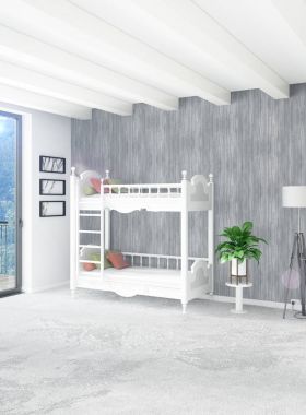 Beyaz yatak odası en az stil iç tasarım ahşap duvar ve gri Kanepeli. 3D render.