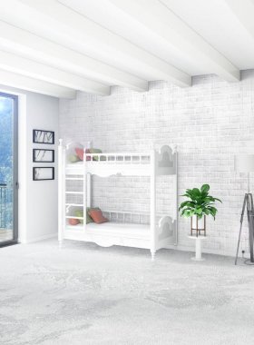 Beyaz yatak odası en az stil iç tasarım ahşap duvar ve gri Kanepeli. 3D render.