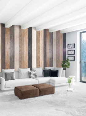 Beyaz yatak odası en az stil iç tasarım ahşap duvar ve gri Kanepeli. 3D render.