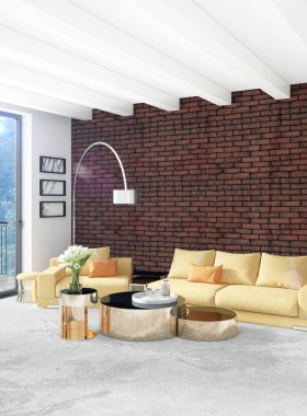 Beyaz yatak odası en az stil iç tasarım ahşap duvar ve gri Kanepeli. 3D render.