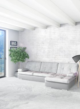 Beyaz yatak odası en az stil iç tasarım ahşap duvar ve gri Kanepeli. 3D render.