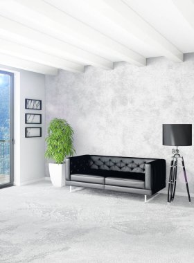 Beyaz yatak odası en az stil iç tasarım ahşap duvar ve gri Kanepeli. 3D render.