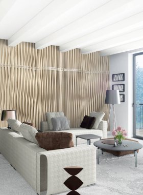 Beyaz yatak odası en az stil iç tasarım ahşap duvar ve gri Kanepeli. 3D render.