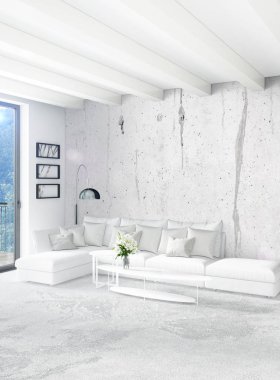 Beyaz yatak odası en az stil iç tasarım ahşap duvar ve gri Kanepeli. 3D render.