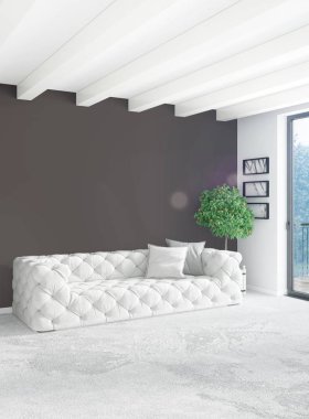 Beyaz yatak odası en az stil iç tasarım ahşap duvar ve gri Kanepeli. 3D render.