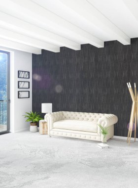 Beyaz yatak odası en az stil iç tasarım ahşap duvar ve gri Kanepeli. 3D render.