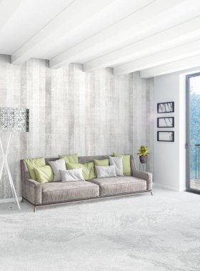 Beyaz yatak odası en az stil iç tasarım ahşap duvar ve gri Kanepeli. 3D render.