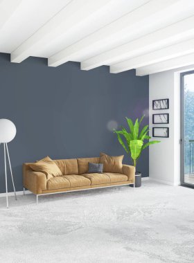 Beyaz yatak odası en az stil iç tasarım ahşap duvar ve gri Kanepeli. 3D render.