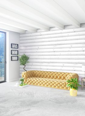 Beyaz yatak odası en az stil iç tasarım ahşap duvar ve gri Kanepeli. 3D render.