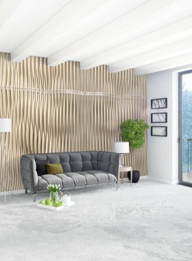 Beyaz yatak odası en az stil iç tasarım ahşap duvar ve gri Kanepeli. 3D render.