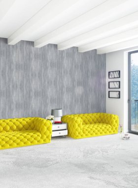 Beyaz yatak odası en az stil iç tasarım ahşap duvar ve gri Kanepeli. 3D render.