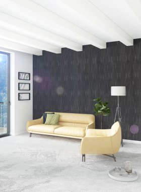 Beyaz yatak odası en az stil iç tasarım ahşap duvar ve gri Kanepeli. 3D render.