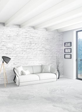 Beyaz yatak odası en az stil iç tasarım ahşap duvar ve gri Kanepeli. 3D render.