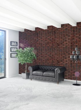 Beyaz yatak odası en az stil iç tasarım ahşap duvar ve gri Kanepeli. 3D render.