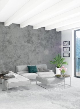 Beyaz yatak odası en az stil iç tasarım ahşap duvar ve gri Kanepeli. 3D render.