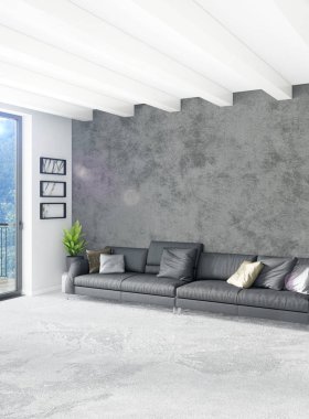 Beyaz yatak odası en az stil iç tasarım ahşap duvar ve gri Kanepeli. 3D render.