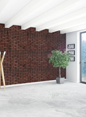 Dikey boş oda minimalizm tarzı şık duvar ve iç tasarımı 3d render.