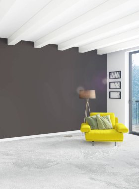 Beyaz yatak odası en az stil iç tasarım ahşap duvar ve gri Kanepeli. 3D render.