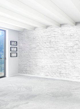 Dikey boş oda minimalizm tarzı şık duvar ve iç tasarımı 3d render.