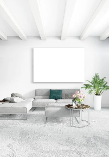 Beyaz yatak odası en az stil iç tasarım ahşap duvar ve gri Kanepeli. 3D render.