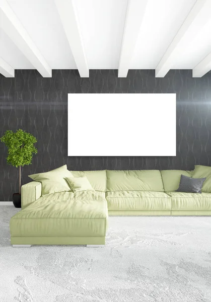 Beyaz yatak odası en az stil iç tasarım ahşap duvar ve gri Kanepeli. 3D render.