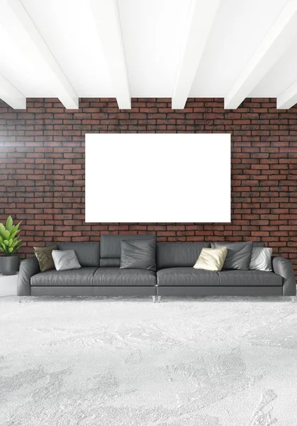 Beyaz yatak odası en az stil iç tasarım ahşap duvar ve gri Kanepeli. 3D render.