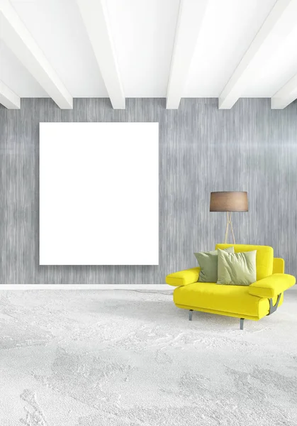 白い寝室ミニマル スタイルの内装で、木製の壁とグレーのソファー。3 d レンダリング. — ストック写真