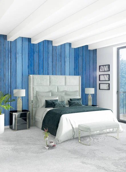 Beyaz yatak odası en az stil iç tasarım ahşap duvar ve gri Kanepeli. 3D render.